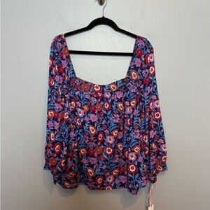 Floral Square-Neck Peasant Top in Navy and Pink